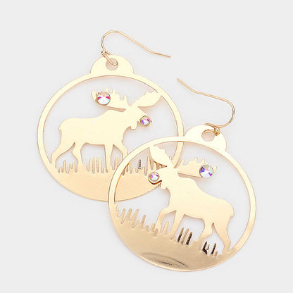Stone Embellished Rudolph Accented Brass Dangle Earrings
