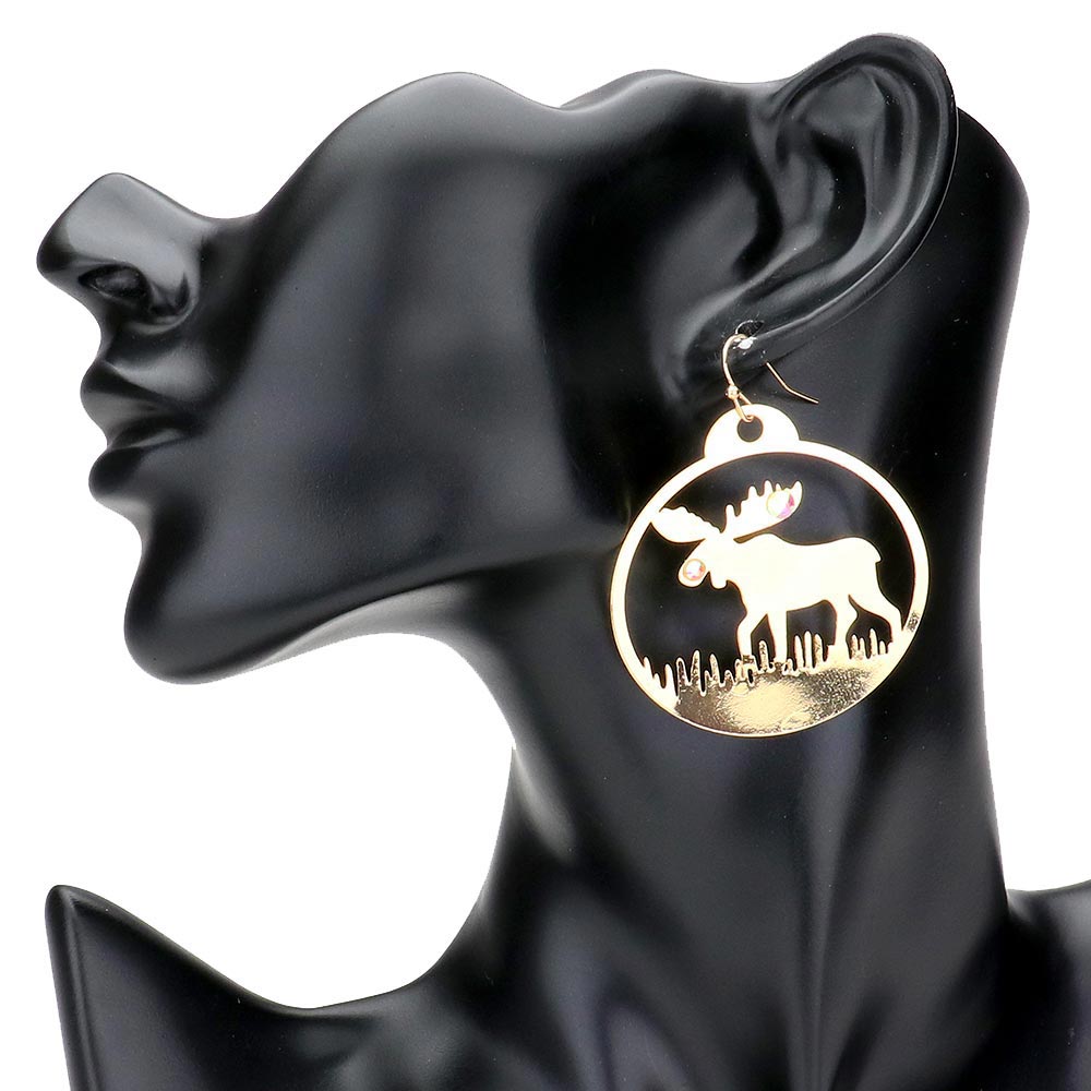 Stone Embellished Rudolph Accented Brass Dangle Earrings