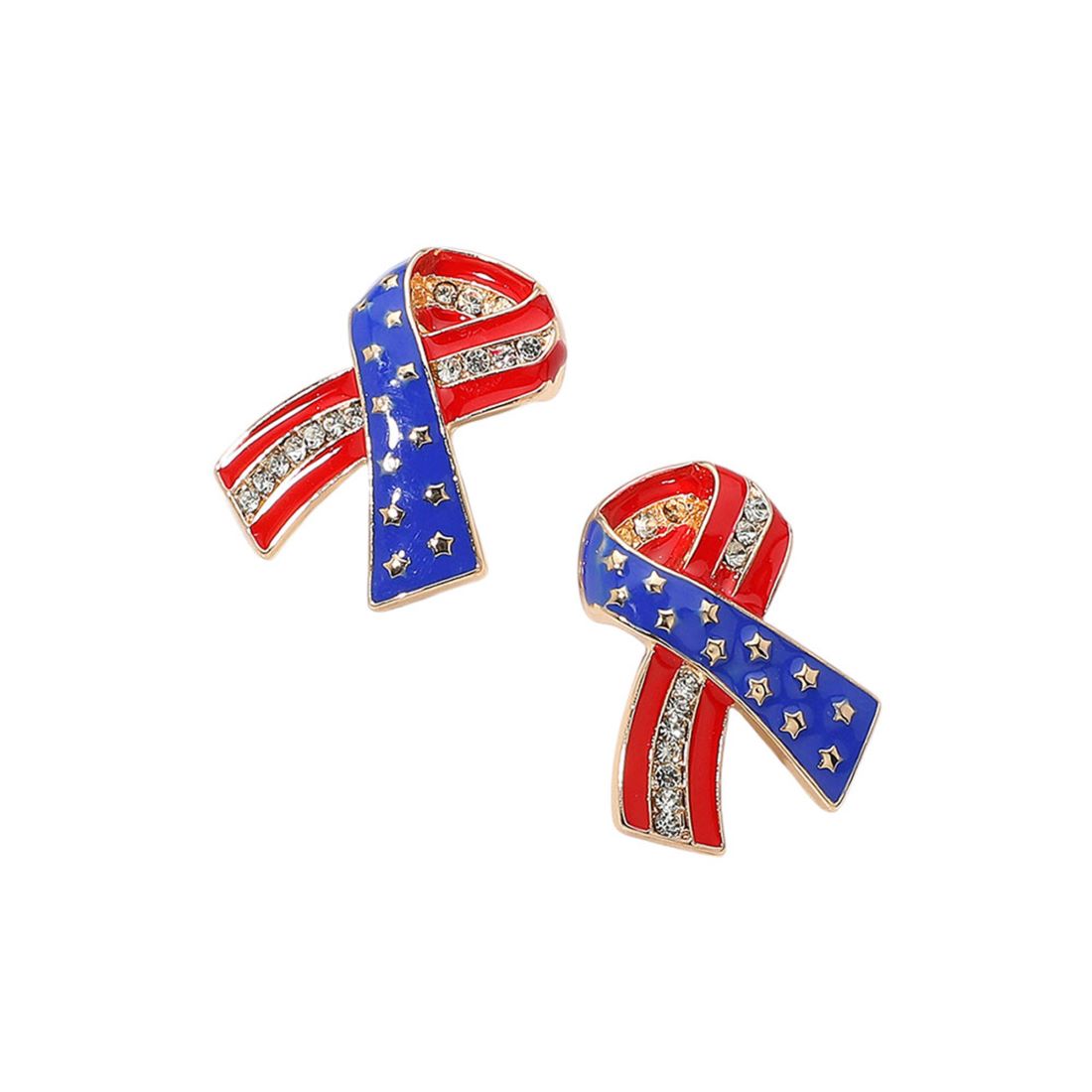 Stone Paved Enamel American USA Flag Bow Earrings
