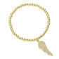 Stone Paved Wing Charm Stainless Steel Beaded Stretch Bracelet