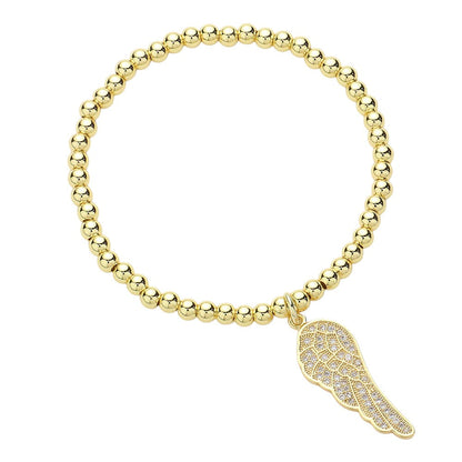 Stone Paved Wing Charm Stainless Steel Beaded Stretch Bracelet