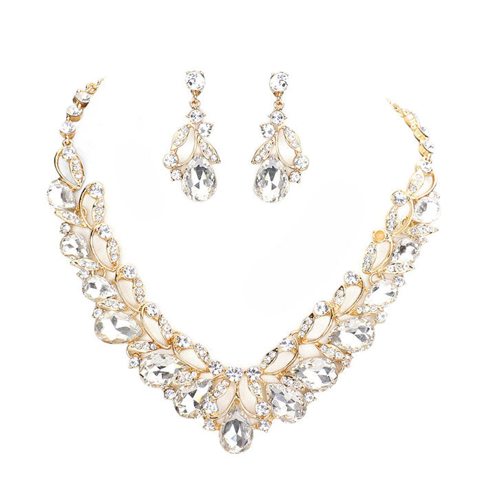 Teardrop Accented Stone Embellished Leaf Evening Necklace