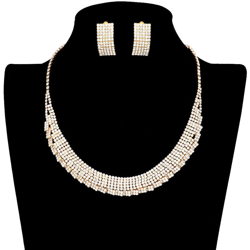 Trendy Crystal Rhinestone Pave Collar Necklace Earring Set