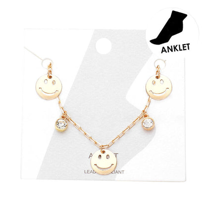 Triple Metal Smile Double Round Stone Station Anklet