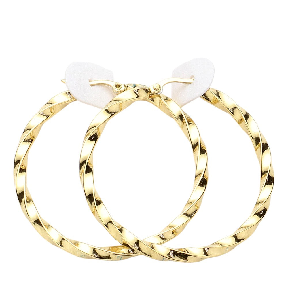 Twisted Stainless Steel Hoop Pin Catch Earrings