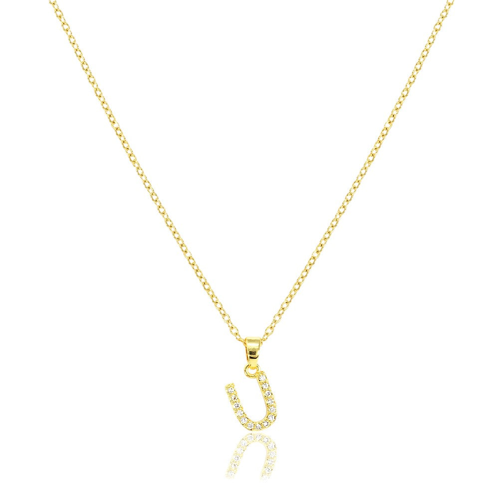 U Stainless Steel CZ Stone Paved Monogram Pendant Necklace
