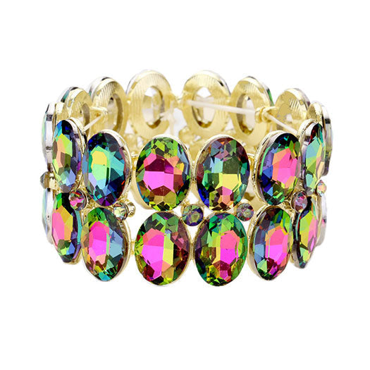 Glass Crystal Oval Stone Cluster Stretch Bracelet