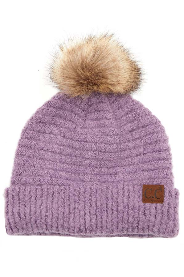 C.C Solid Boucle Yarn Beanie Hat With Pom