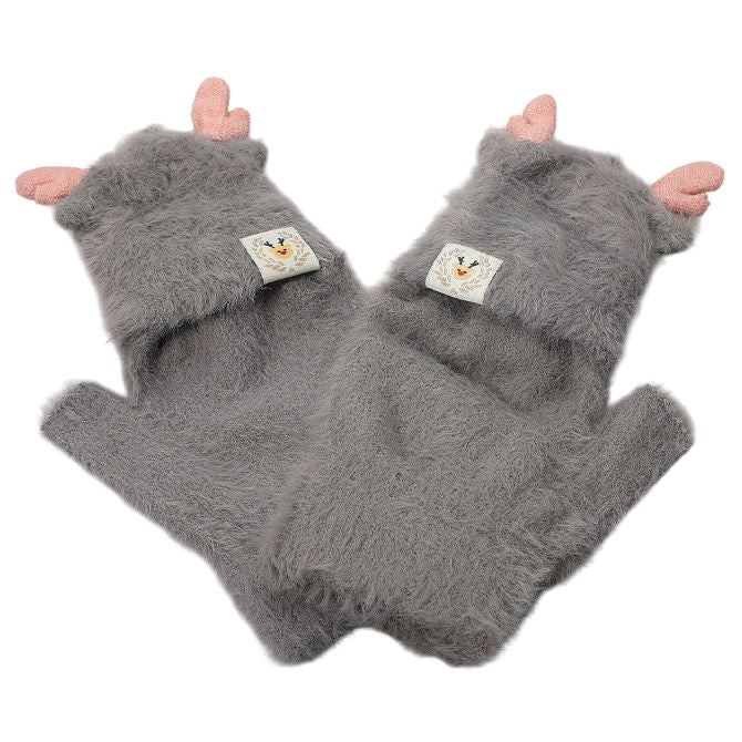 Fuzzy Reindeer Ear Fingerless Flap Winter Gloves