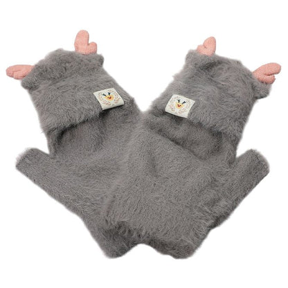 Fuzzy Reindeer Ear Fingerless Flap Winter Gloves