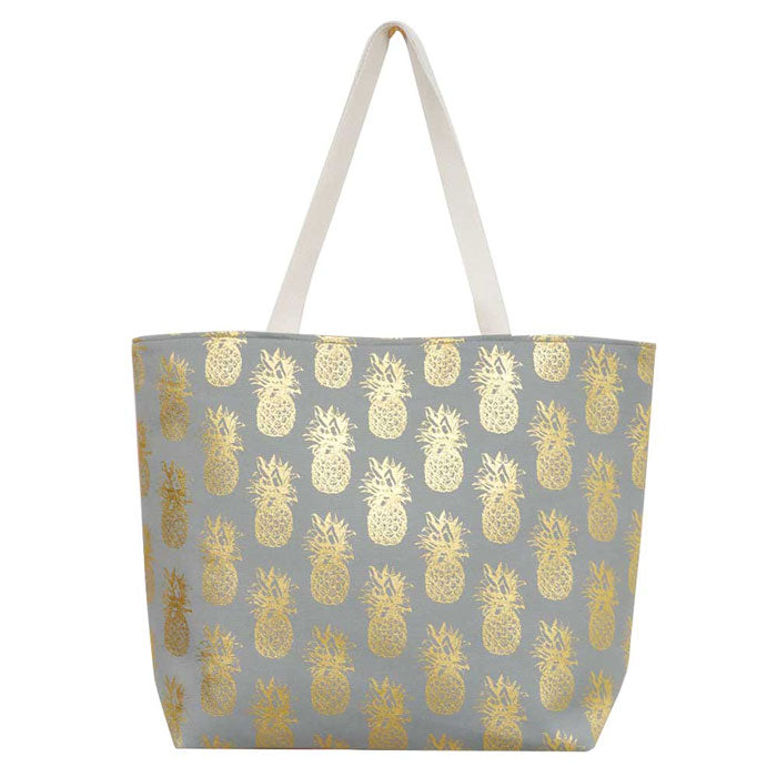 Metallic Pineapple Patterned Beach Tote Bag