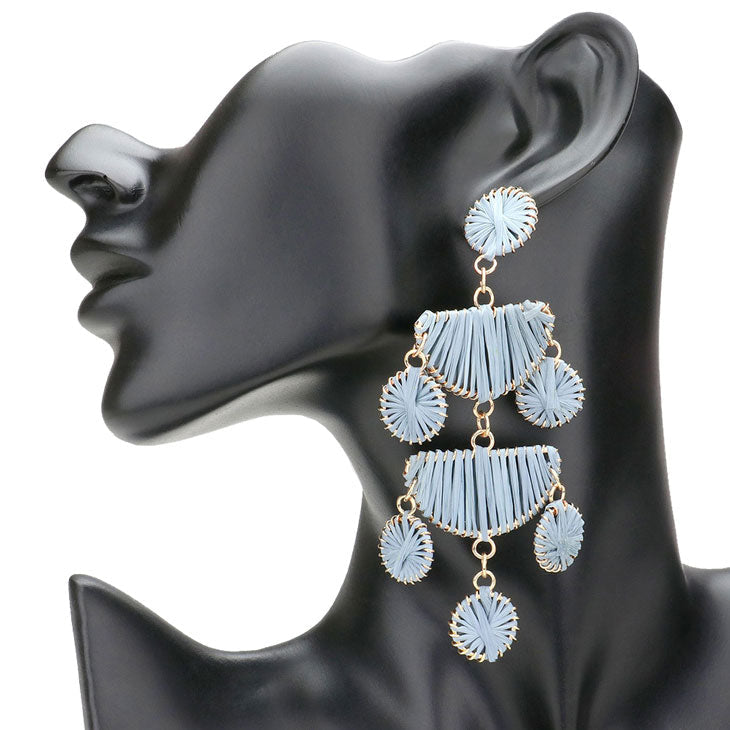 Raffia Wrapped Geometric Metal Link Dangle Earrings