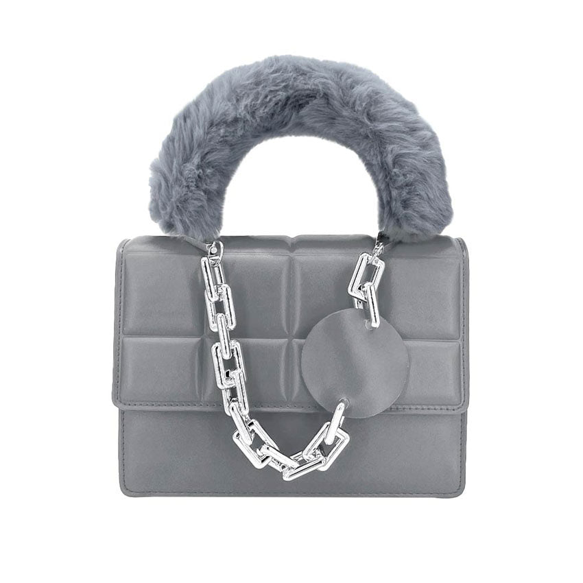 Solid Faux Fur Handle Tote Crossbody Bag