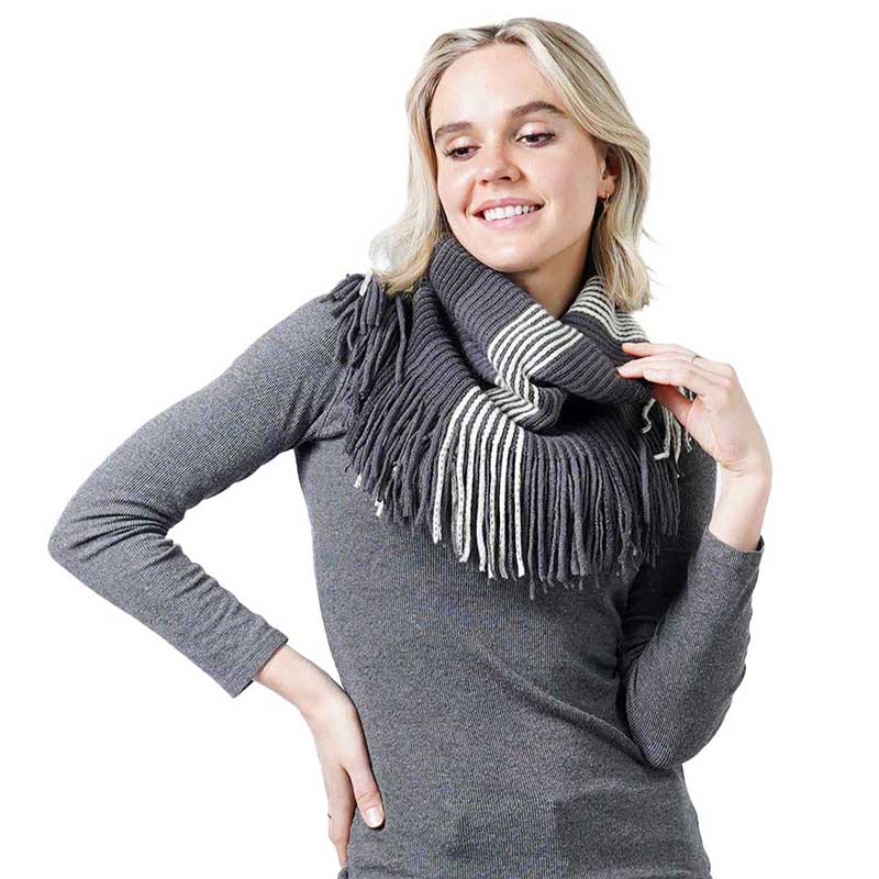 Stripe Knit Tube Scarf With Tassel