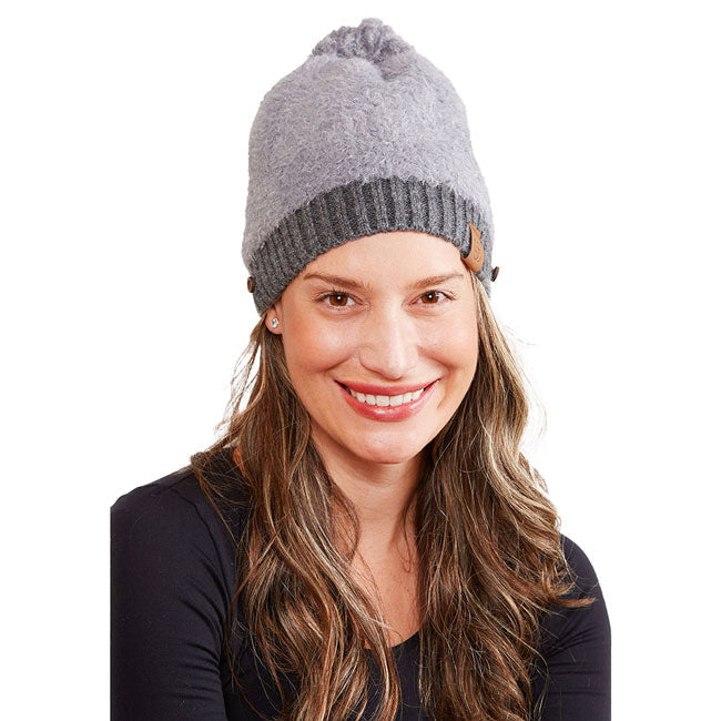 Trendy Face Mask Holder Button Cable Knit Pom Pom Beanie Hat