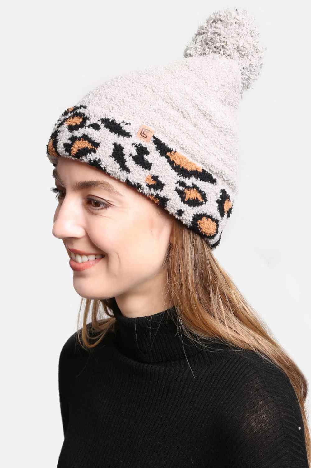 LEOPARD CUFFED POM POM LINING BEANIE