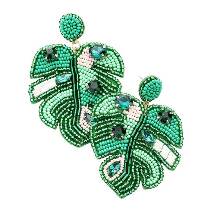 Felt Back Stone Embellished Seed Beaded Leaf Dangle Earring