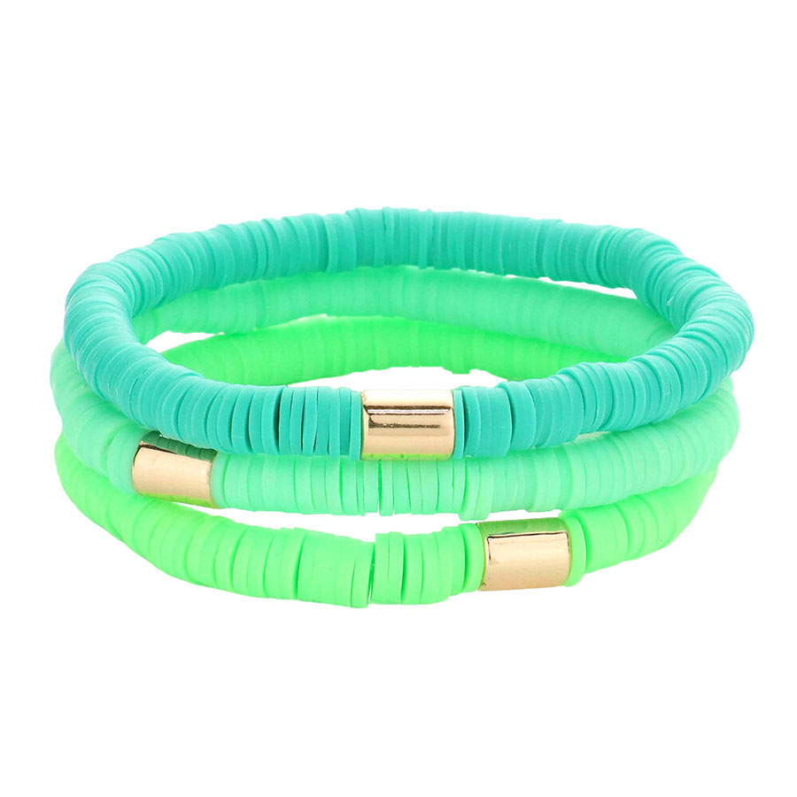 3PCS Metal Cylinder Heishi Beaded Stretch Bracelets