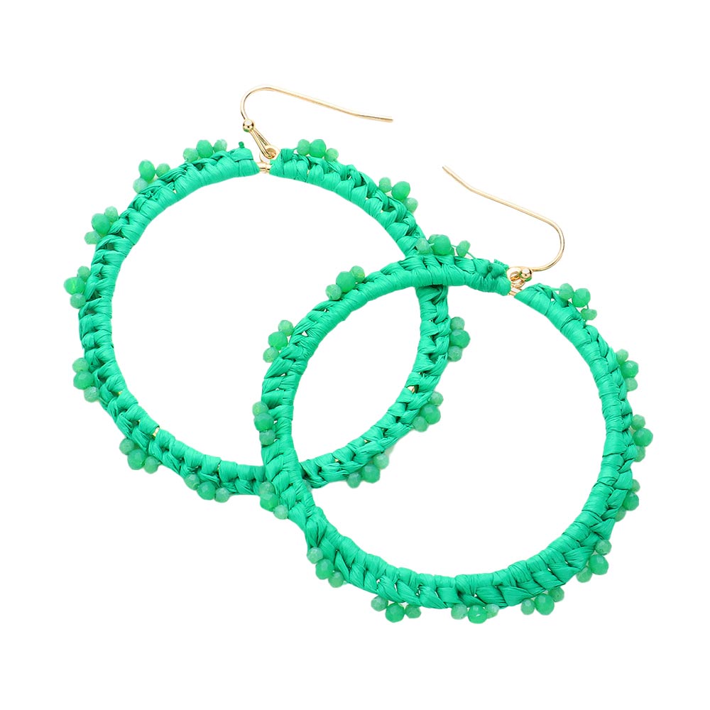 Beaded Pointed Raffia Wrapped Open Circle Dangle Earrings