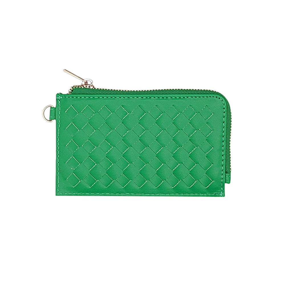 Faux Leather Basket Weave Flat Card Holder Wallet with Wristlet