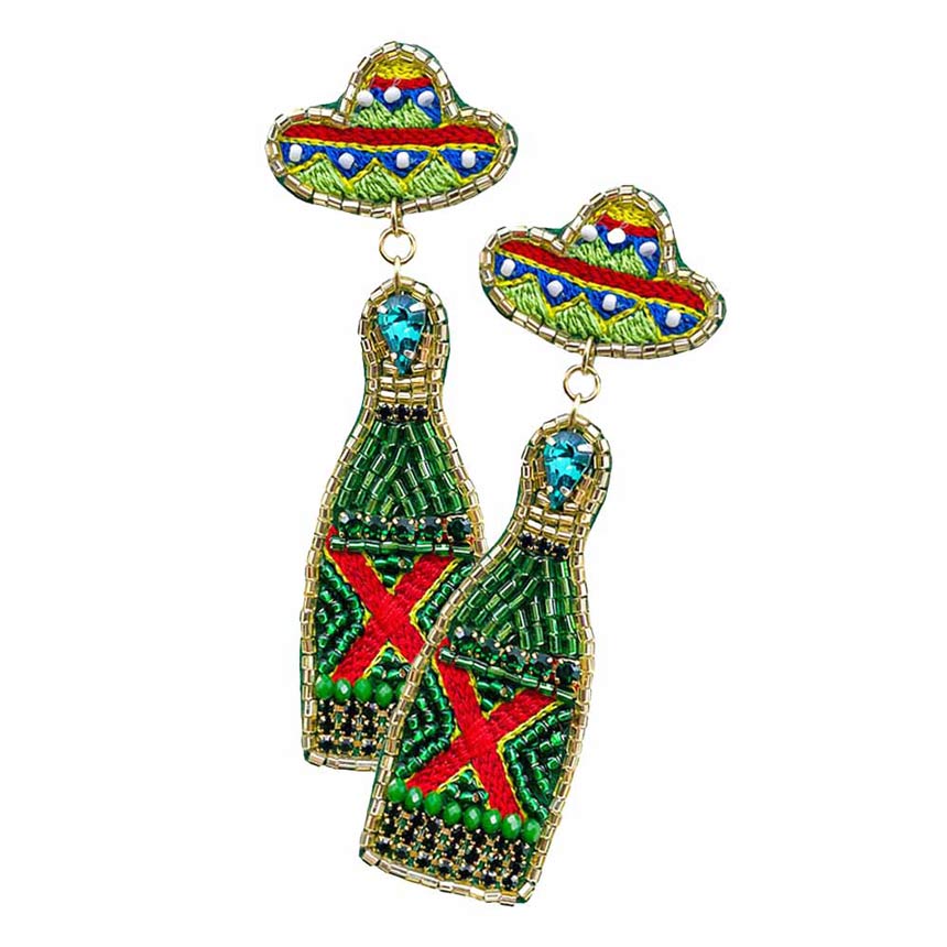 Felt Back Embroidery Hat Beaded Champagne Dangle Earrings