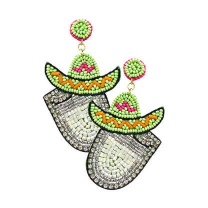 Felt Back Seed Beaded Cowboy Hat Accented Dangle Earrings