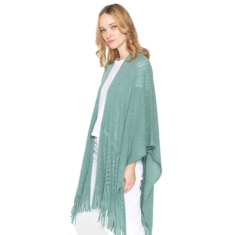 Geometry Open Knit Ruana With Fringe