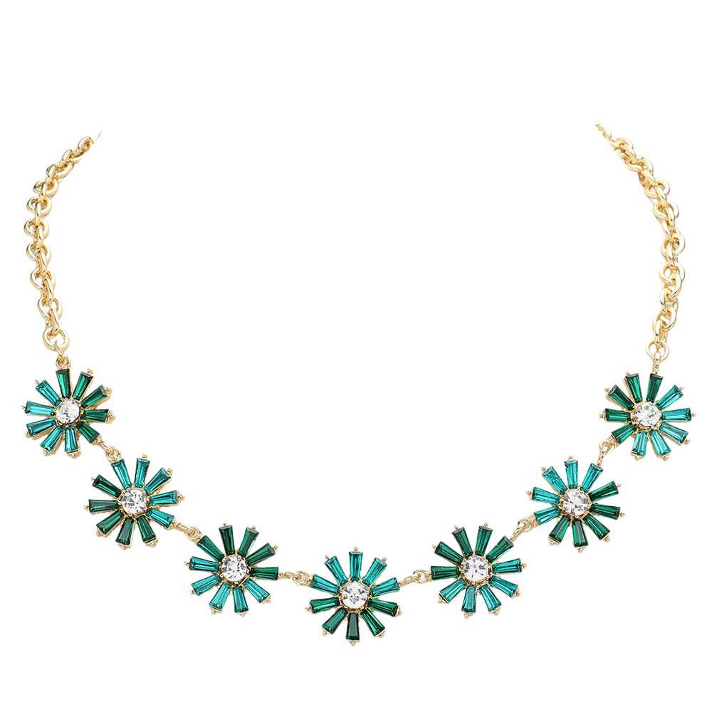 Glass Stone Embellished Flower Cluster Link Necklace
