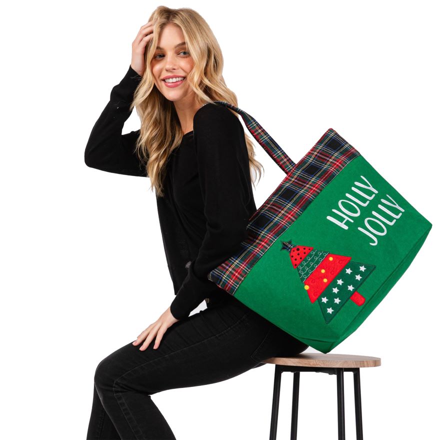 Holly Jolly Letter Christmas Tree Tote Bag