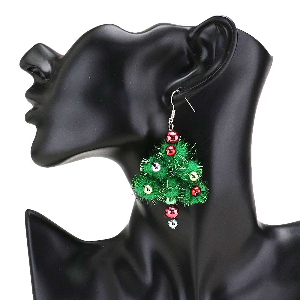 Pom Pom Christmas Tree Dangle Earrings