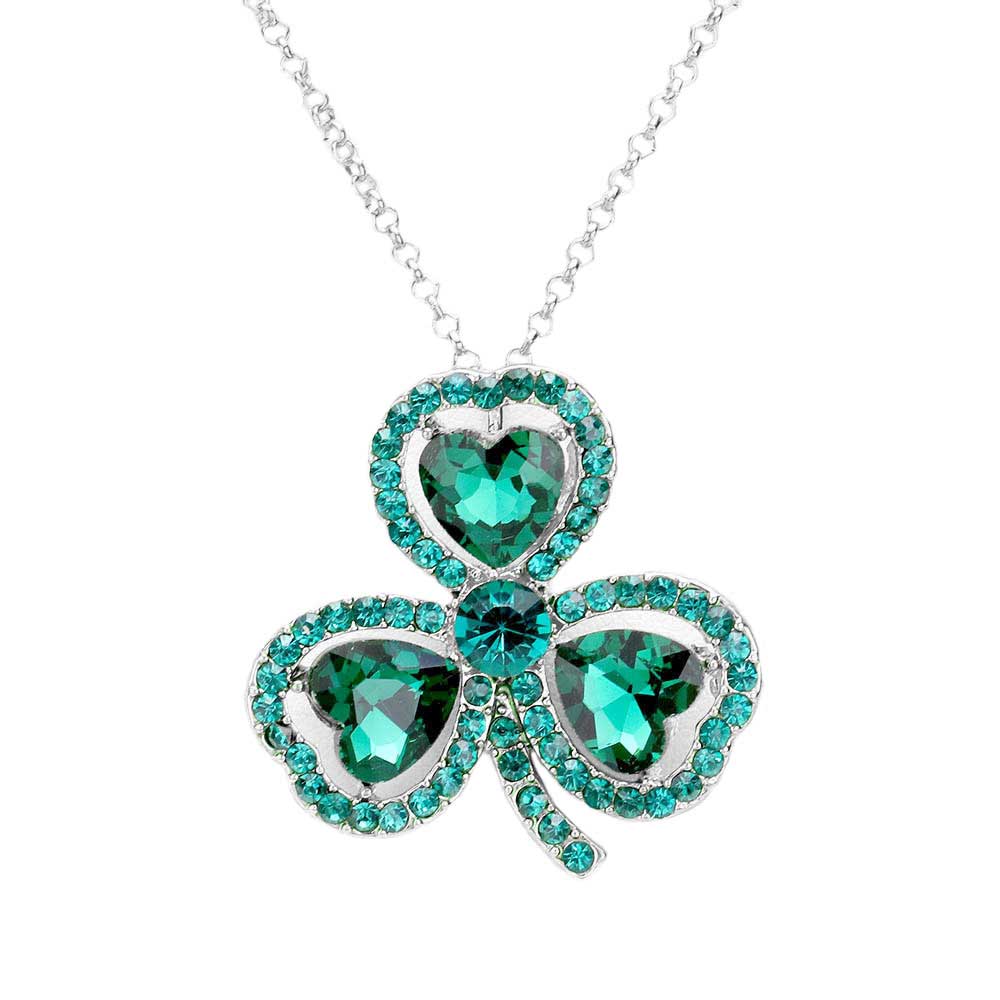 Women's Heart Crystal Rhinestone Clover Pendant Necklace St. Patrick's Day