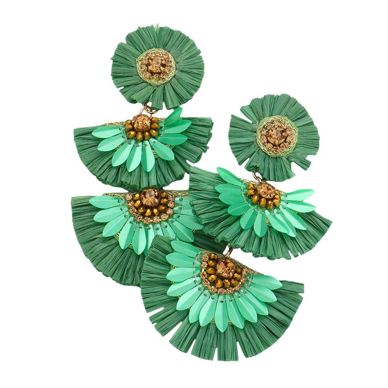 Stone Embellished Half Round Raffia Link Dangle Earrings