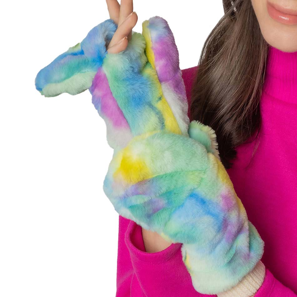Tie Dye Faux Fur Mittens