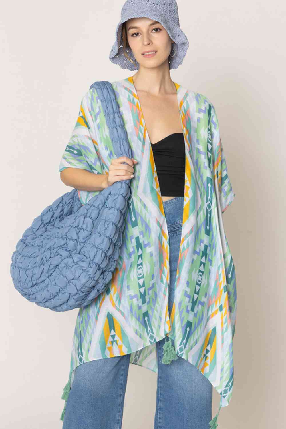 Versatile Aztec Pattern Print Tassel Kimono