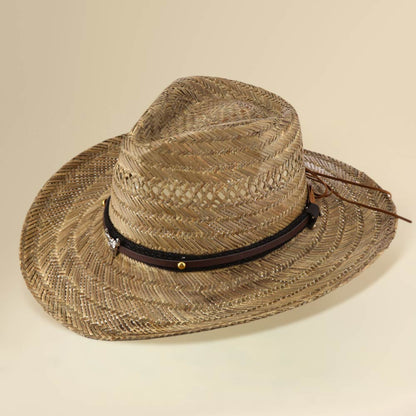 Boho Steer Head Accent Faux Leather Band Breathable Woven Cowboy Fedora Sun Hat