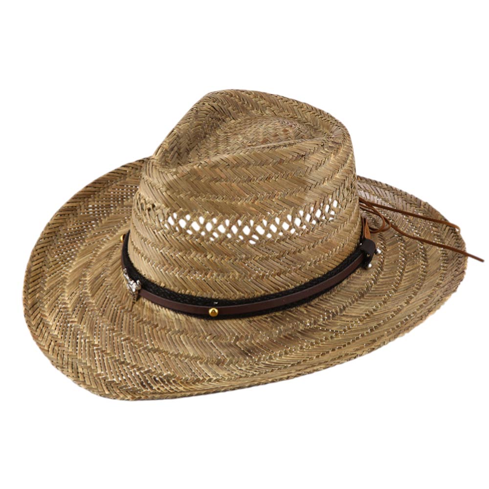 Boho Steer Head Accent Faux Leather Band Breathable Woven Cowboy Fedora Sun Hat