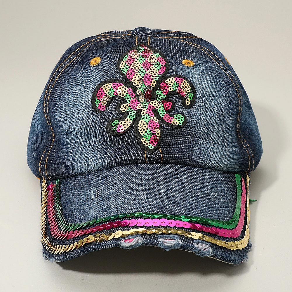 Sequin Mardi Gras Fleur de Lis Patch Baseball Cap
