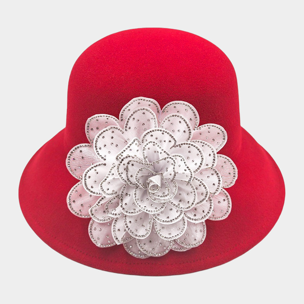 Bling Studded Flower Felt Wedding Jazz Church Bucket Hat