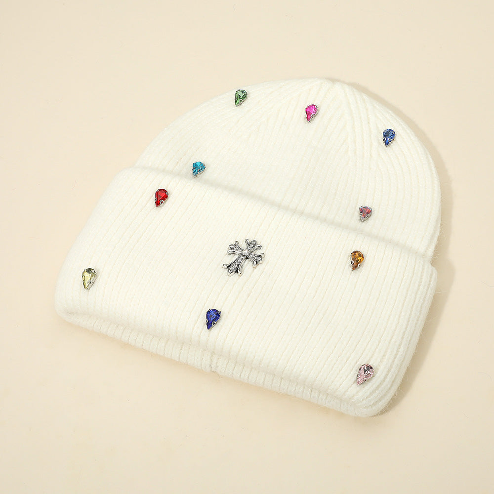 Women's Rhinestone Cross Accent Teardrop Stone Cluster Embellished Knit Beanie Hat