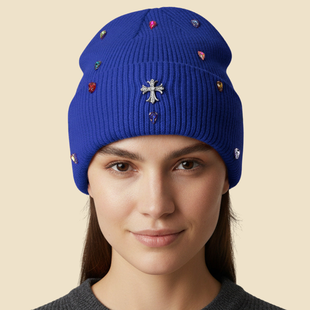 Women's Rhinestone Cross Accent Teardrop Stone Cluster Embellished Knit Beanie Hat