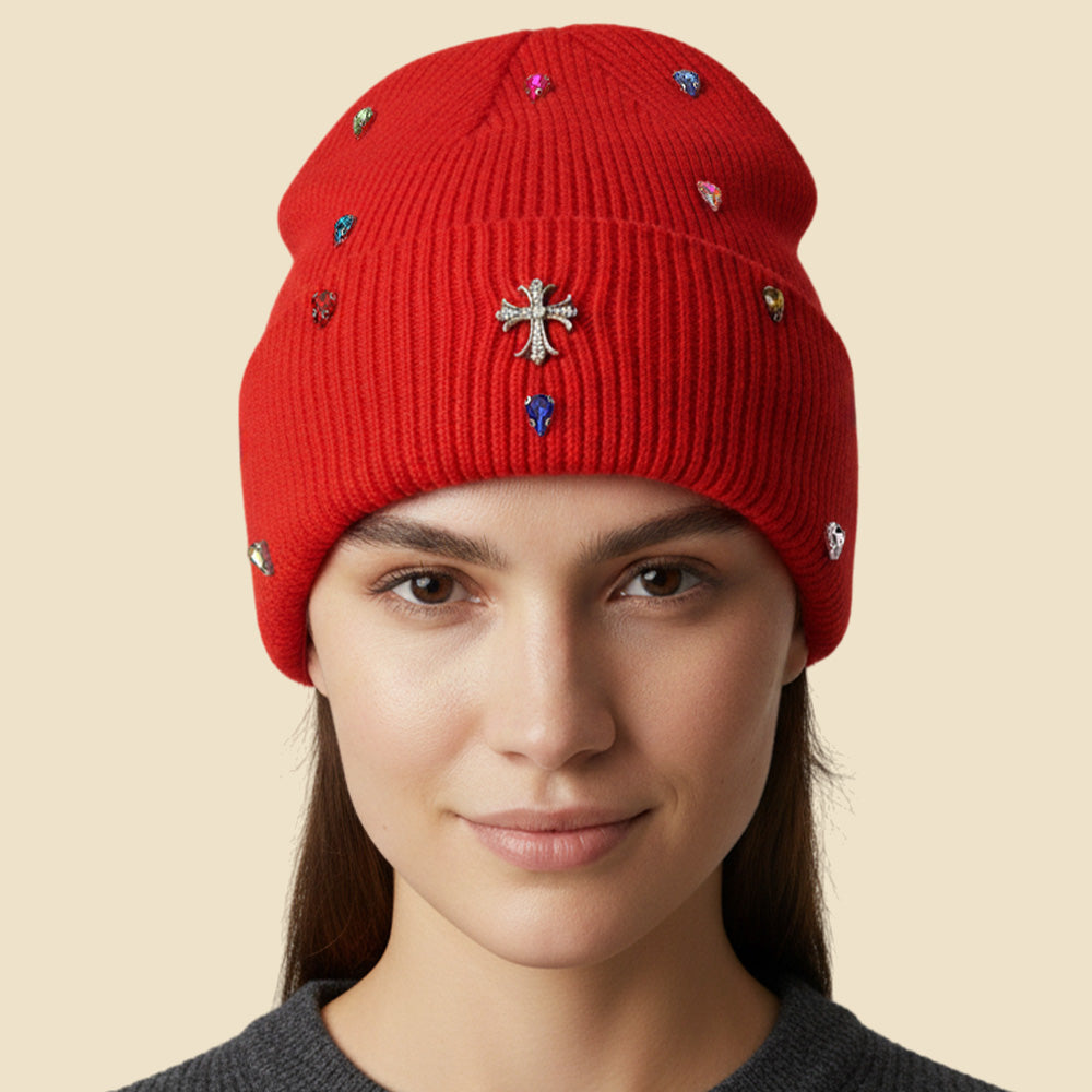 Women's Rhinestone Cross Accent Teardrop Stone Cluster Embellished Knit Beanie Hat
