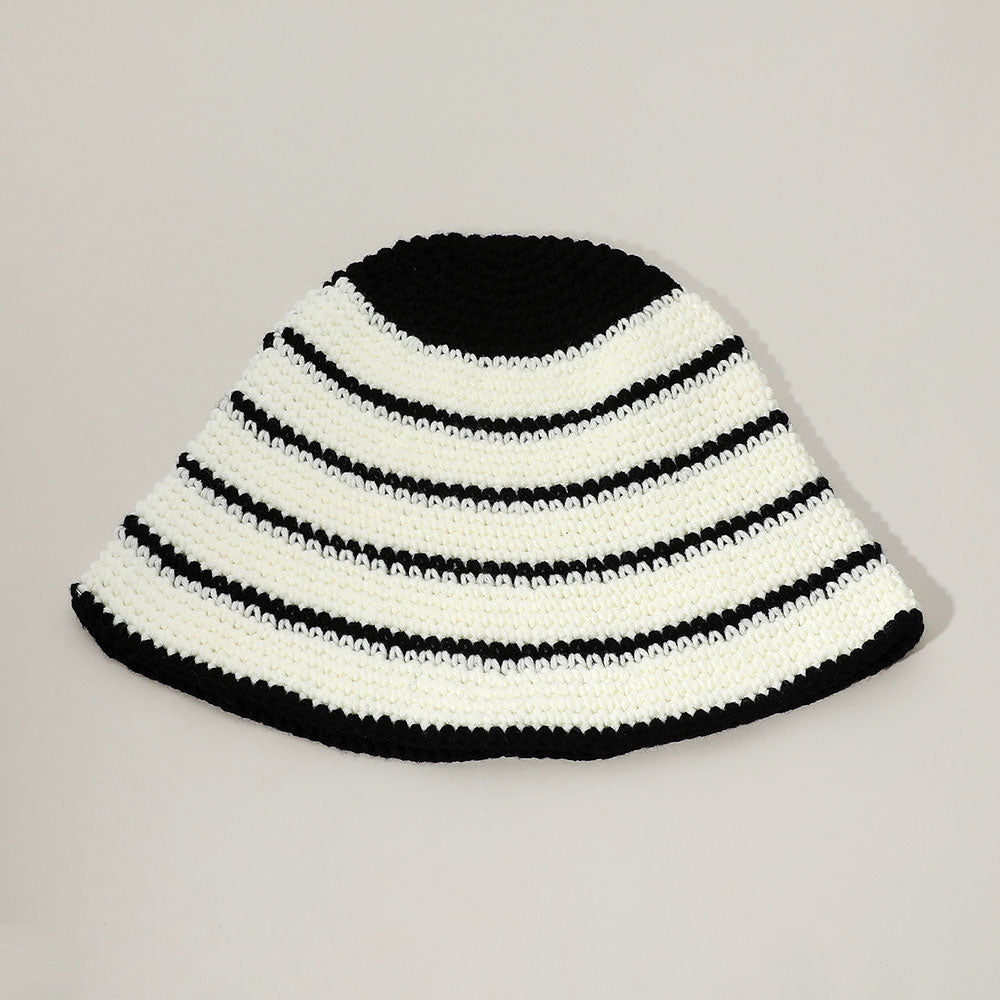 Wire Inserted Rim Crochet Knit Striped Pattern Bucket Hat