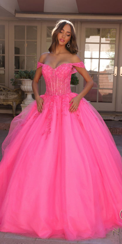 Nox Anabel H1349 Vestido de Quinceañera Largo y Voluminoso con Hombros Caídos