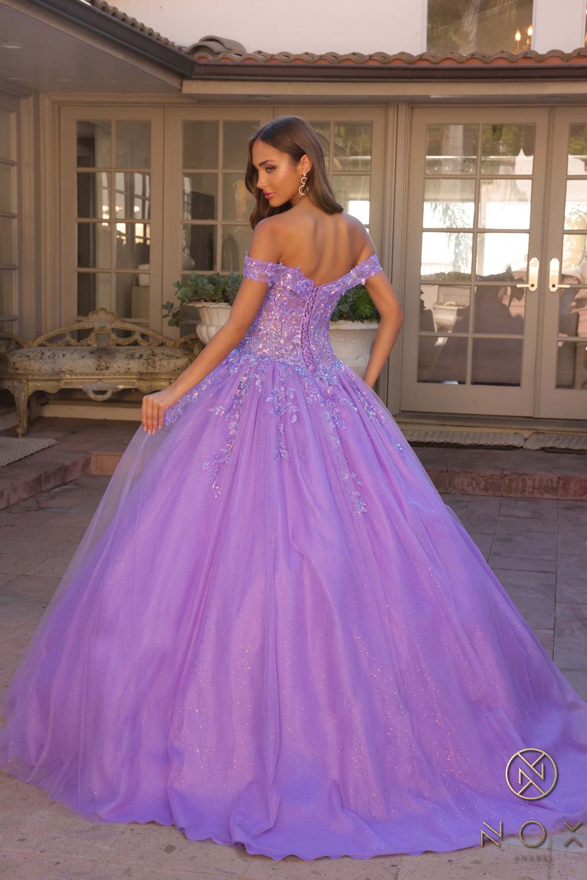 Nox Anabel H1349 Vestido de Quinceañera Largo y Voluminoso con Hombros Caídos