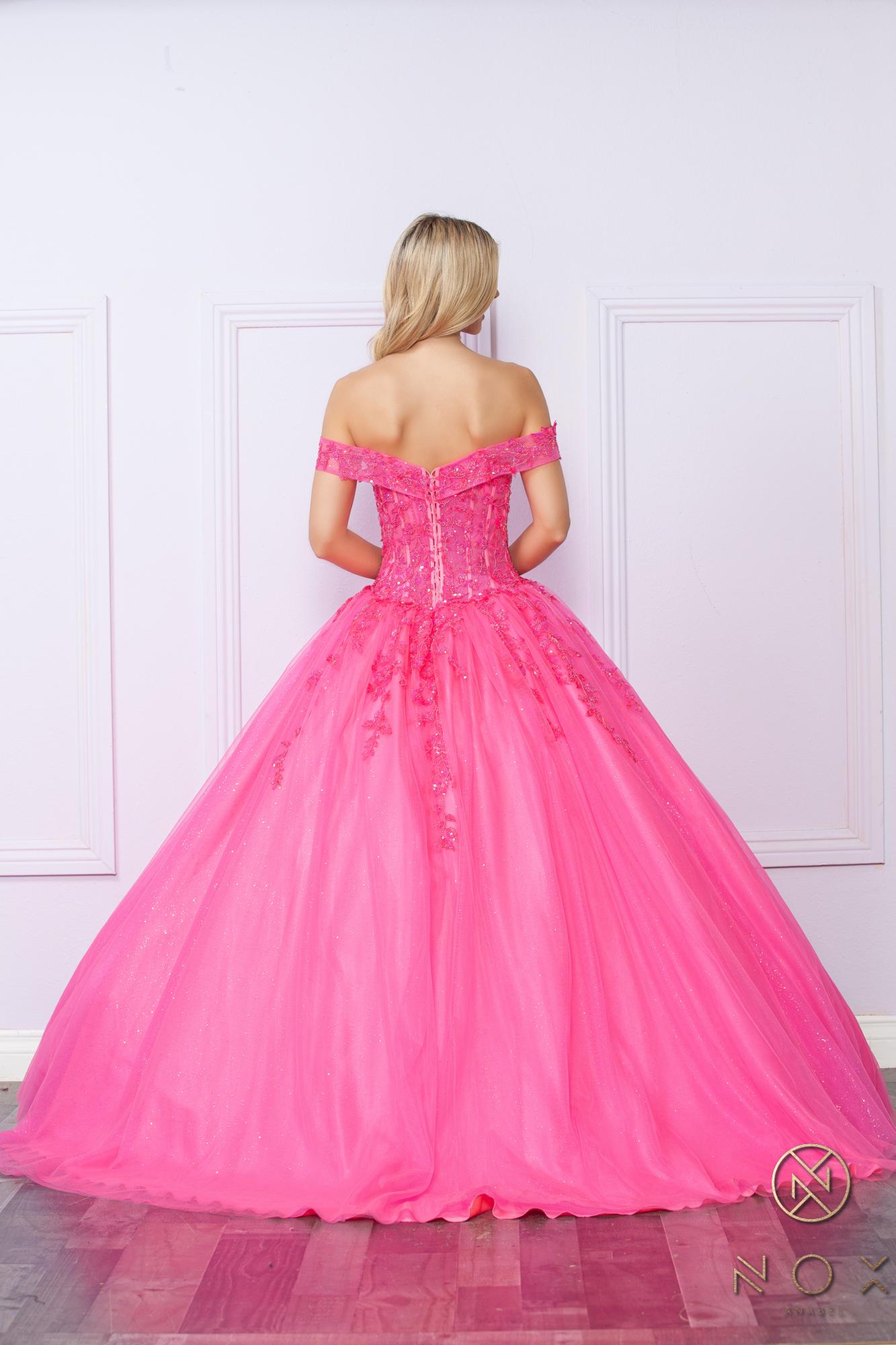Nox Anabel H1349 Vestido de Quinceañera Largo y Voluminoso con Hombros Caídos