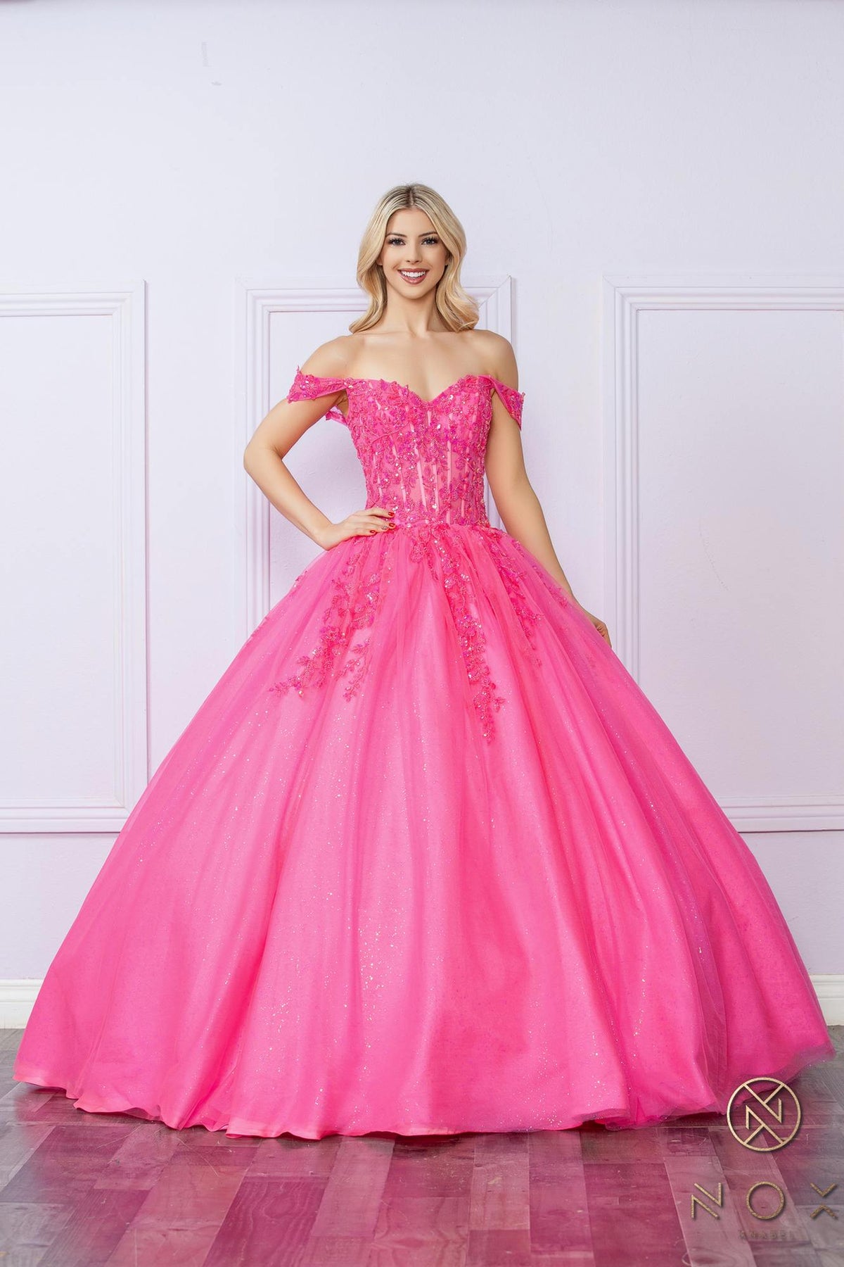 Nox Anabel H1349 Vestido de Quinceañera Largo y Voluminoso con Hombros Caídos