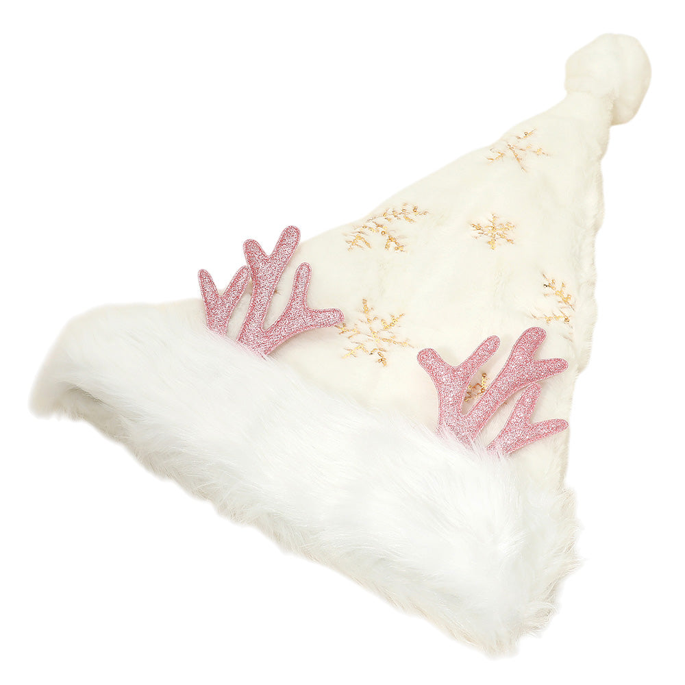 Fluffy Christmas Antler Accent Sequin Snowflake Pattern Santa Hat