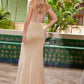 Vestido Nox Anabel H1668 con corpiño plisado, hombros descubiertos y talle semitransparente