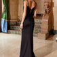 Vestido de satén con purpurina Nox Anabel H1672 con abertura alta y escote pronunciado