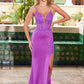 Vestido de satén con purpurina Nox Anabel H1672 con abertura alta y escote pronunciado